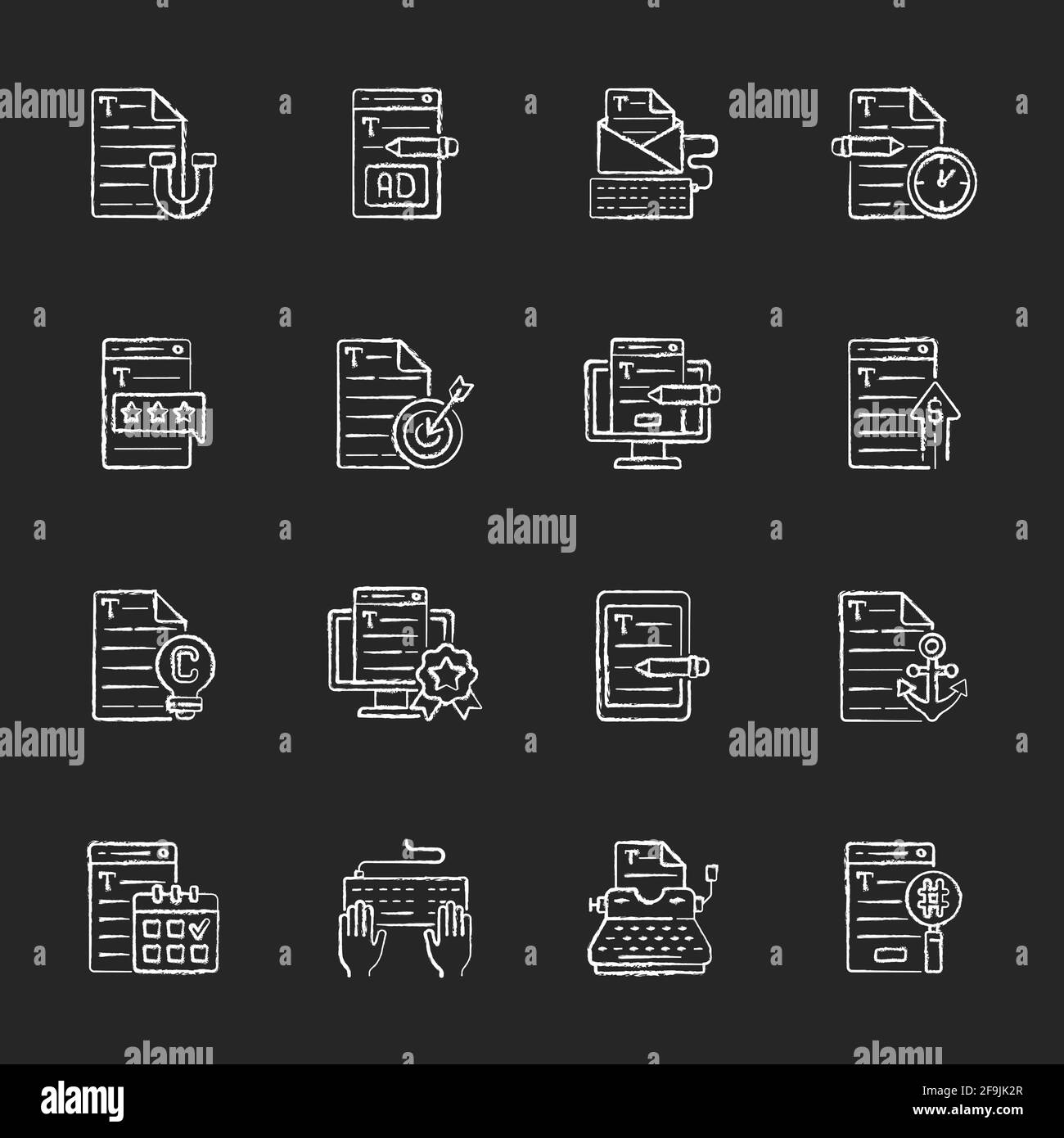 Copywriting chalk white icons set on black background Stock Vector