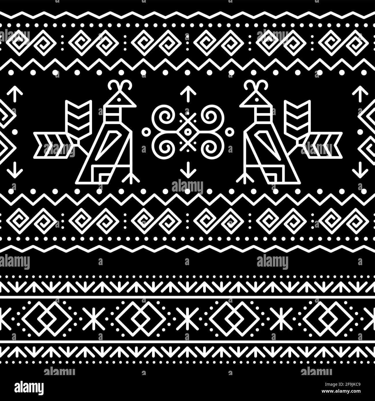 Slovak tribal folk art vector seamless geometric two patterns with brids swirls, zig-zag shapes inspired by traditional painted art from village Cicma Stock Vector