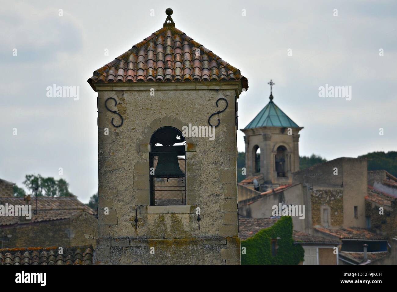 Belfry view of the Protestant Temple, a landmark in the countryside of Lourmarin, Vaucluse Provence, France. Stock Photo