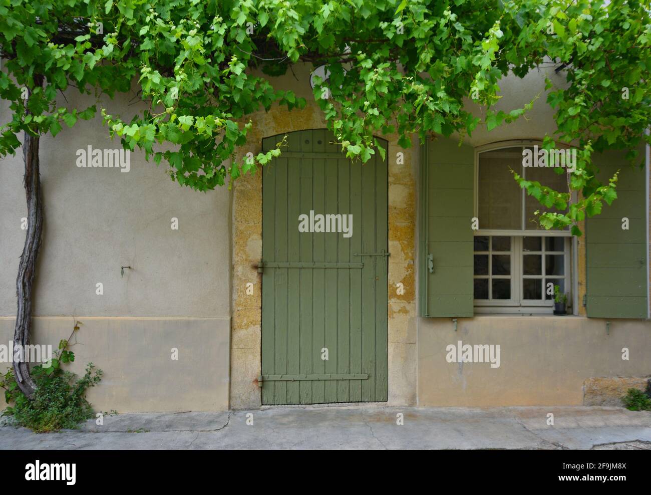Provençal style rural house facade with Vermont green wooden door and shutters in the picturesque village of Lourmarin, Vaucluse, Provence France. Stock Photo