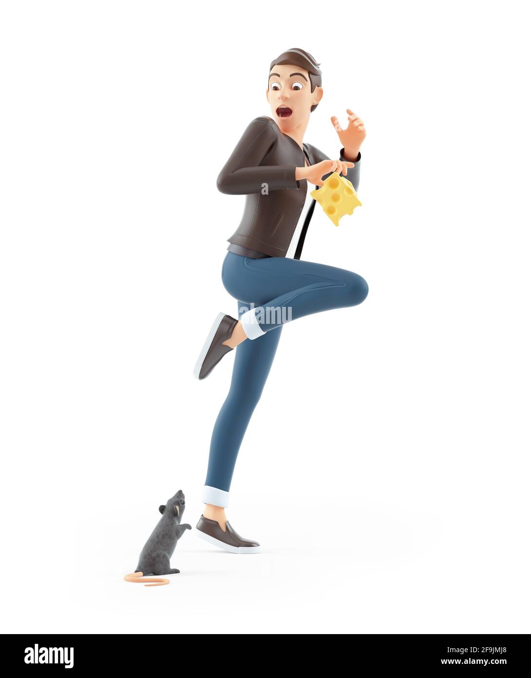 3d cartoon man with piece of cheese scared of rat, illustration isolated on white background Stock Photo