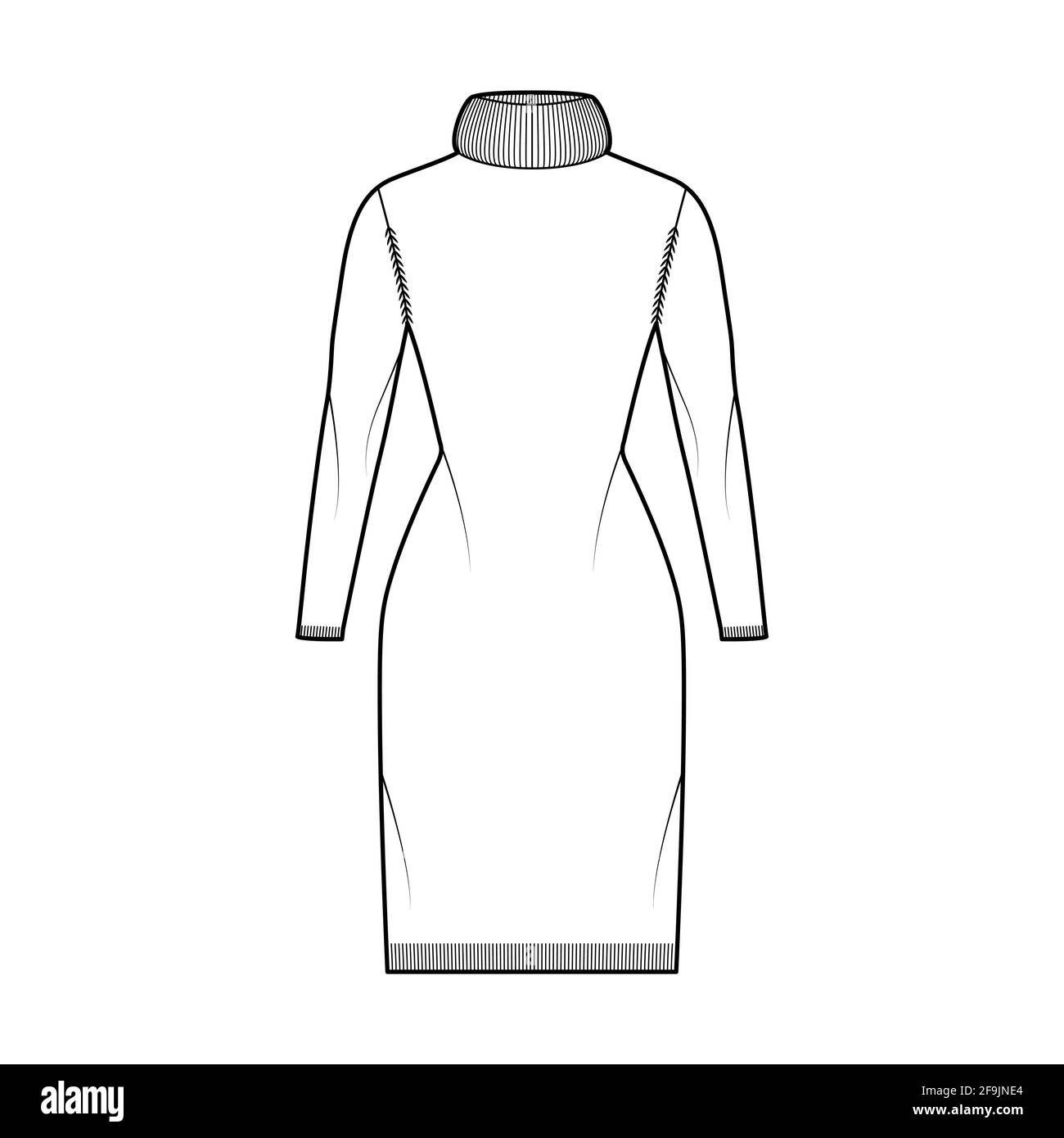 Sweater dress Exaggerated Turtleneck technical fashion illustration with long sleeves, slim fit, knee length, knit rib trim. Flat apparel front, white color style. Women, men unisex CAD mockup Stock Vector