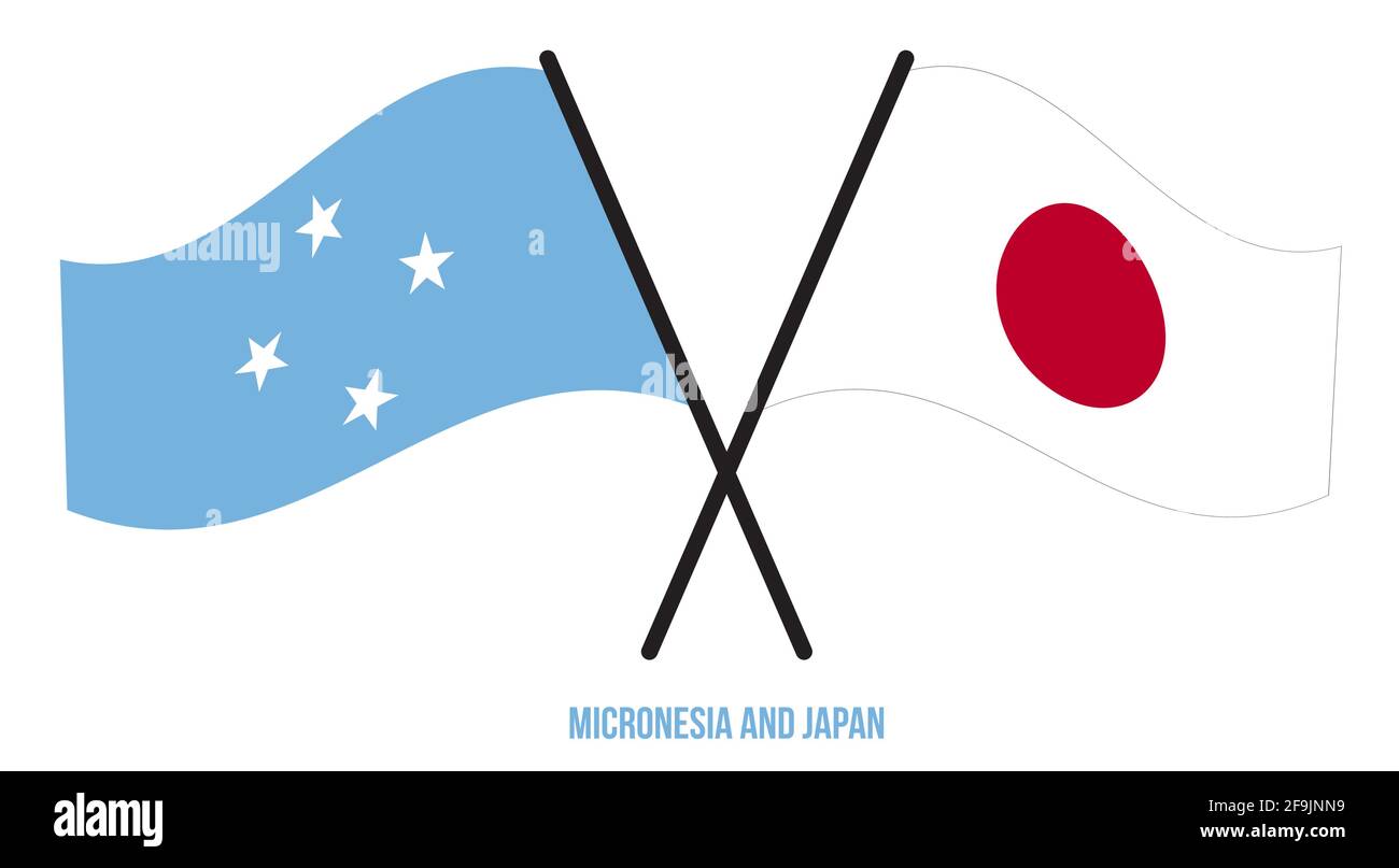 Micronesia and Japan Flags Crossed And Waving Flat Style. Official