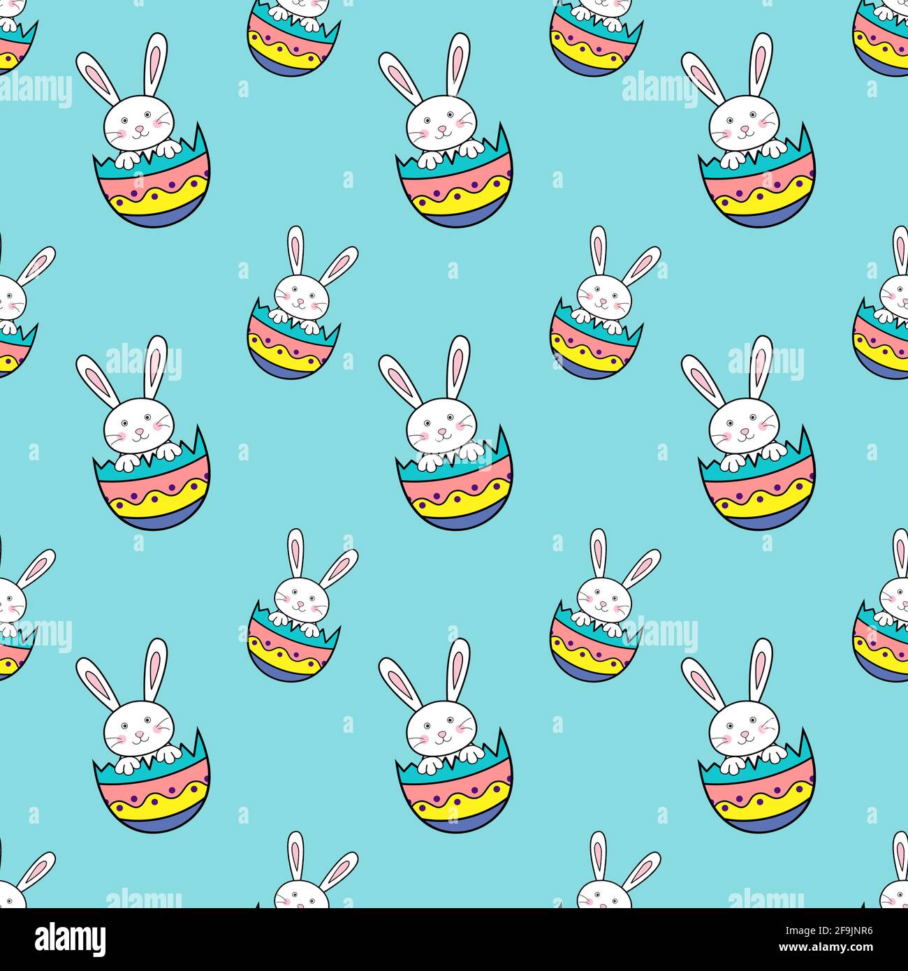 Happy Easter seamless pattern with rabbit in egg shell on blue ...