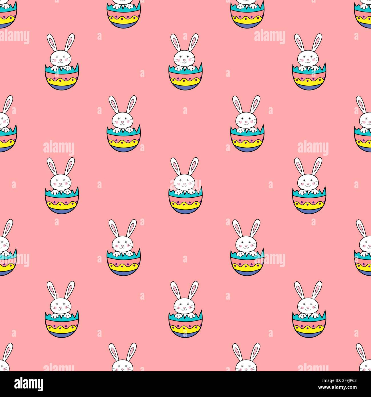 Happy Easter seamless pattern with rabbit in egg shell on pink ...