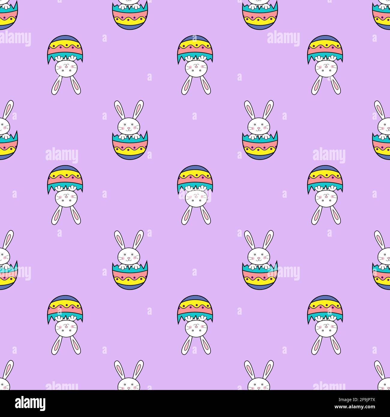 Happy Easter seamless pattern with rabbit in egg shell on purple ...
