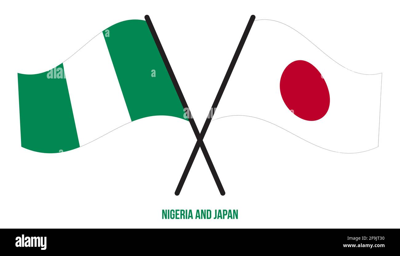 Nigeria and Japan Flags Crossed And Waving Flat Style. Official
