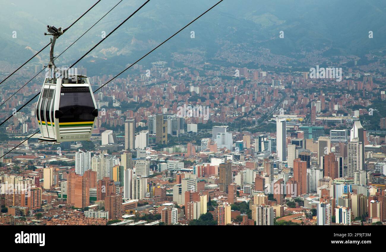 Medellín, Antioquia / Colombia - December 3, 2019. The Metrocable Line M is a complementary work to the Ayacucho Tram project and its two cables. It h Stock Photo