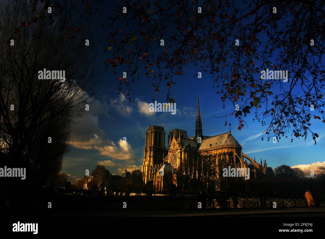 Blauer Himmel und beleuchtete Türme und Mauern vom Gotteshaus und Kirche Notre Dame in Paris Stock Photo