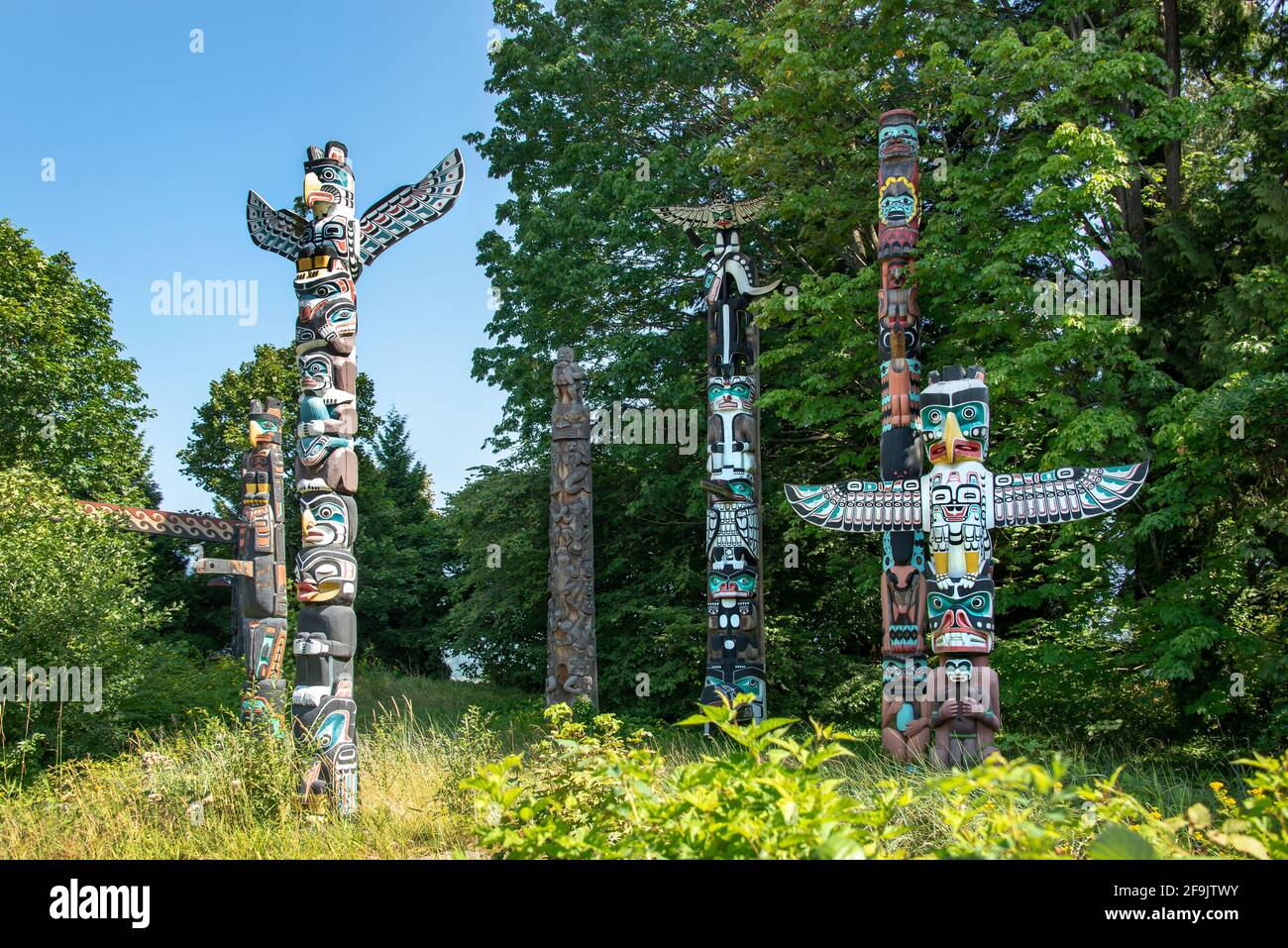 Stanley Park Totem Poles in Vancouver, British Columbia, Canada Stock Photo