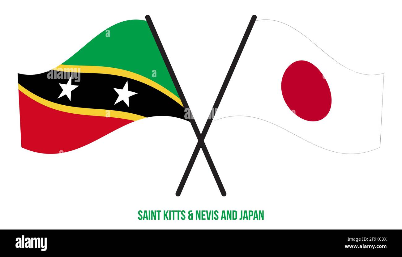 Saint Kitts & Nevis and Japan Flags Crossed And Waving Flat Style