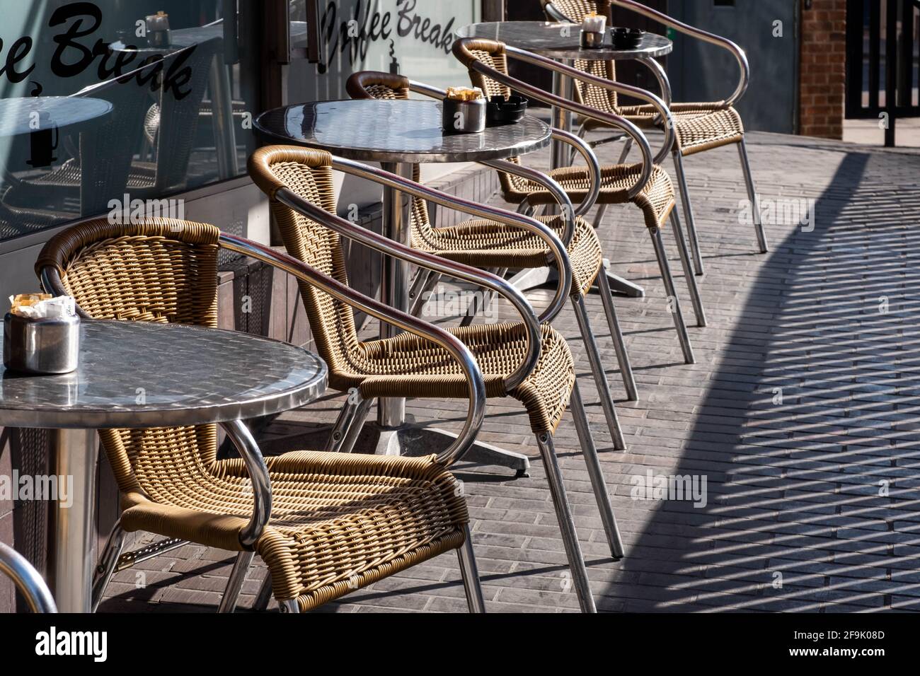 Kingston Upon Thames London UK, April 19 2021, Empty Table And Chairs Seating Outside A Cafe Or Restaurnat As Covid Restrictions Are Lifted Stock Photo