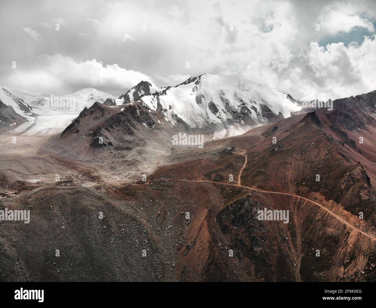 Aerial panorama view of the mountain valley in Tien Shan mountains in Almaty Kazakhstan. Picture taken by drone. Stock Photo