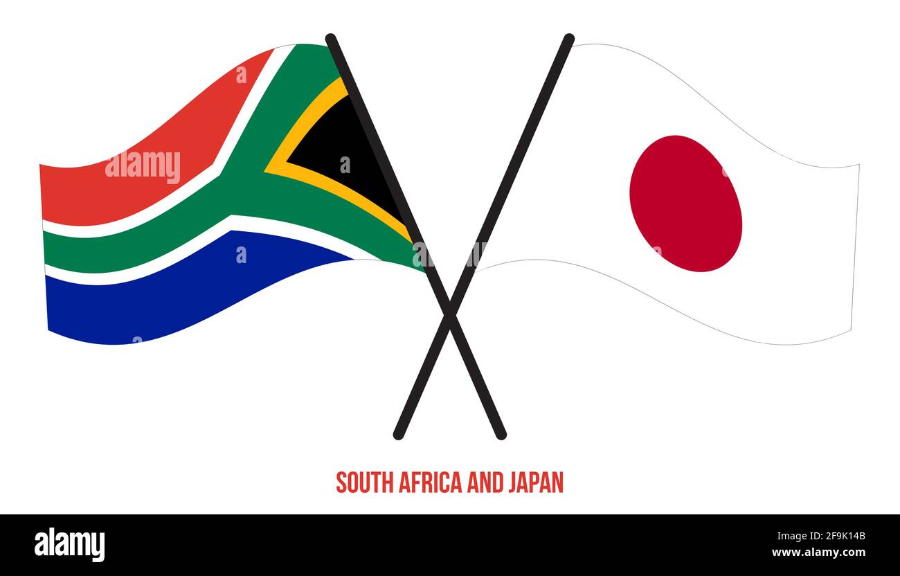 South Africa and Japan Flags Crossed And Waving Flat Style. Official
