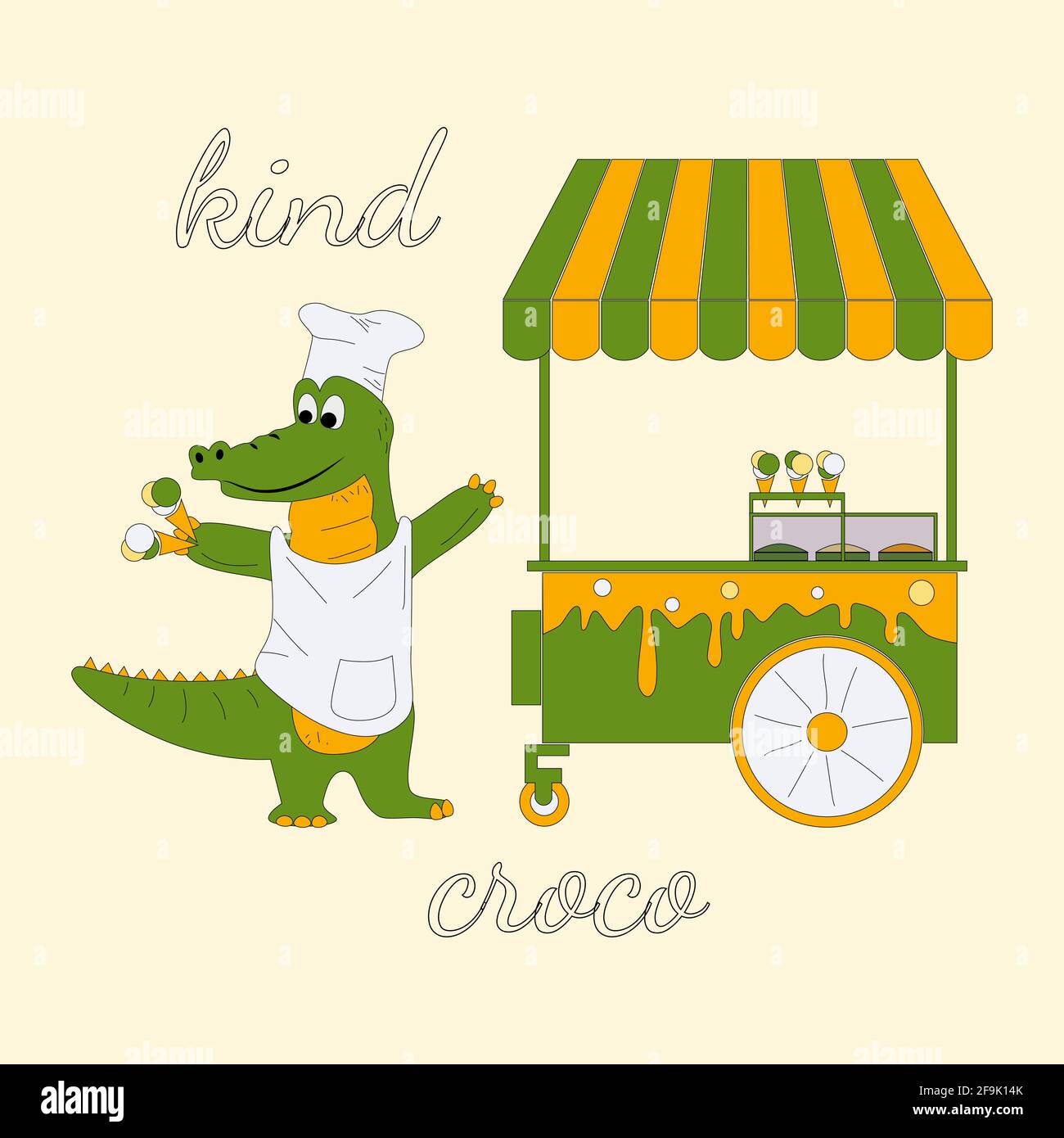 Vector illustration of cheerful crocodile stands in a chefs cap and apron near an ice cream cart, inscription kind croco, alligator holds waffle cups Stock Vector