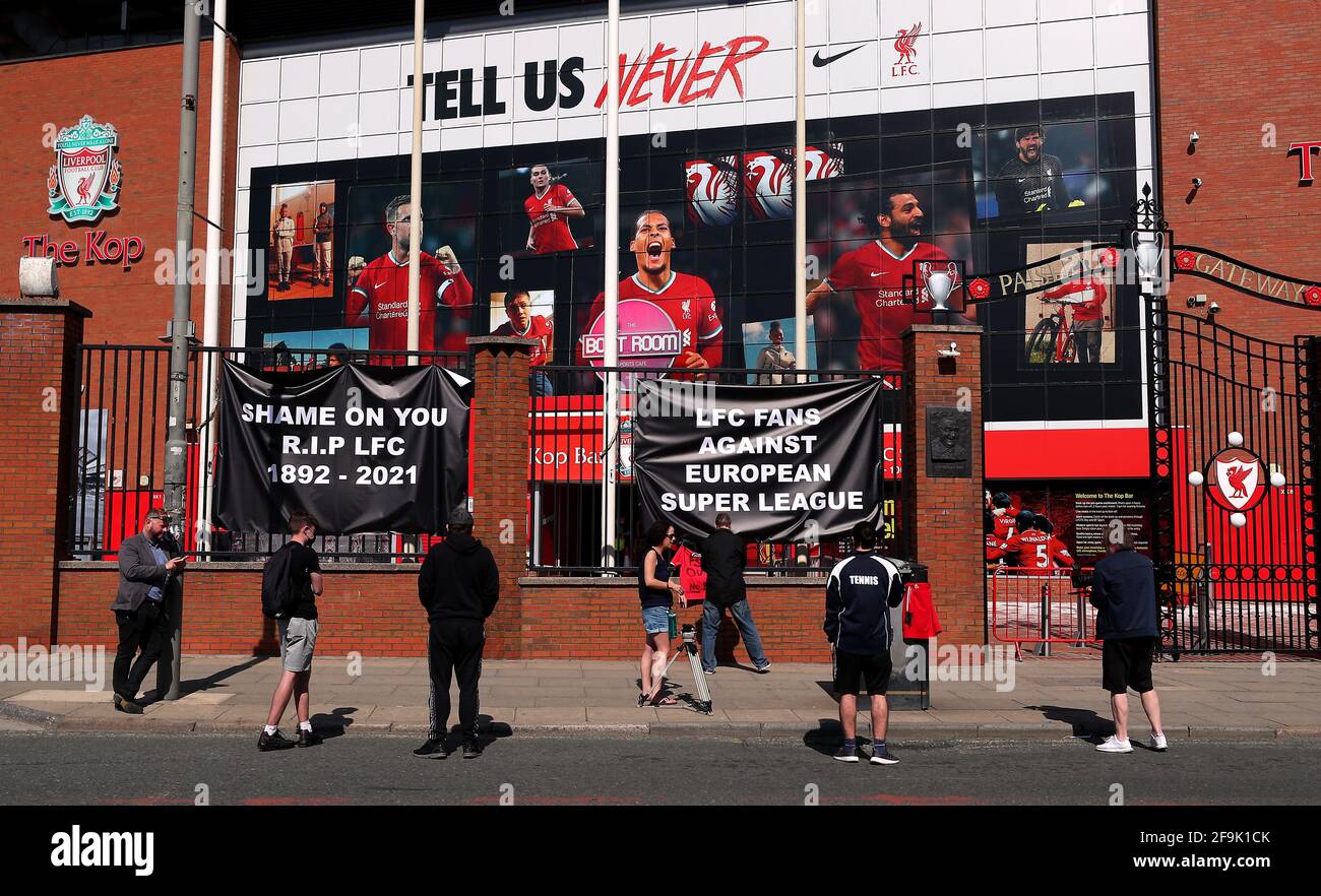 Banners Are Placed Outside Of Anfield Home Of Liverpool Fc By Fans To Protest Against Its Decision To Be Included Amongst The Clubs Attempting To Form A New European Super League Picture