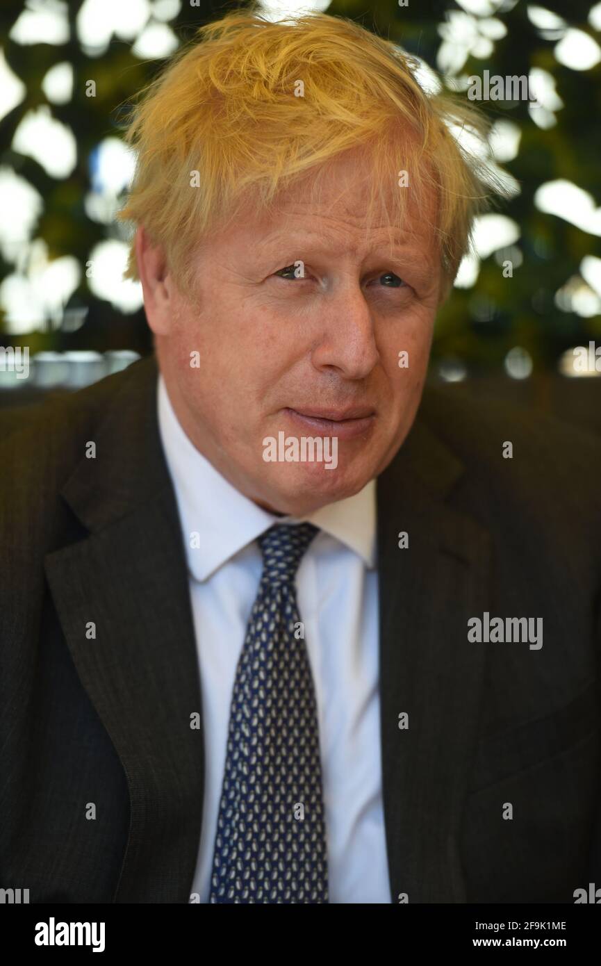 Prime Minister Boris Johnson in the beer garden during a visit to The