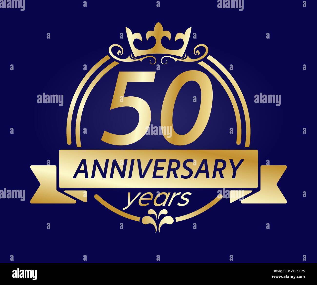 50 year anniversary. Gold round frame with crown and ribbon. Vector