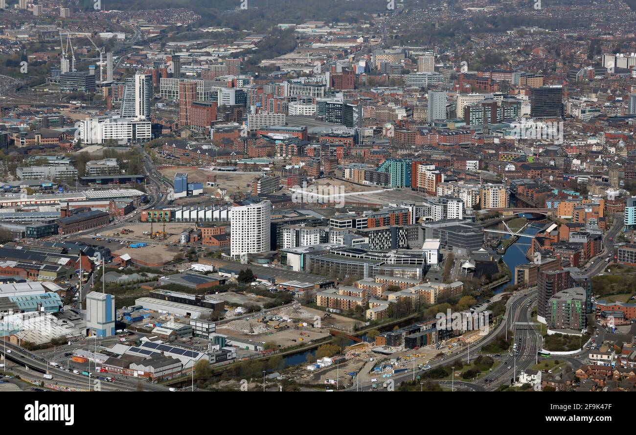 aerial view across Leeds Dock towards Leeds city centre skyline Stock Photo