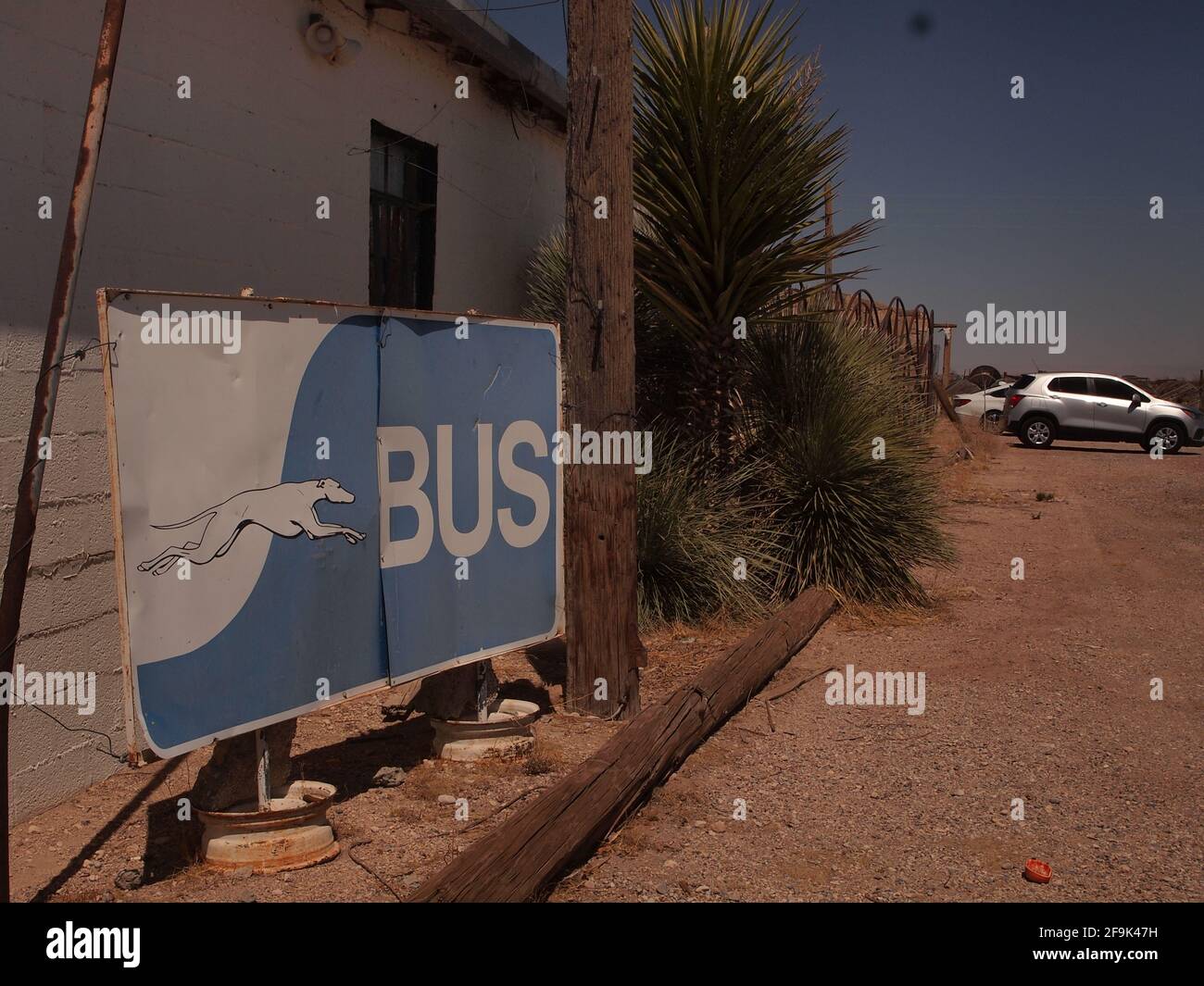 Greyhound bus stop at the Salt Flat Cafe in West Texas along highway 180/62. Last stop before El Paso, nearly 80 miles away. Stock Photo