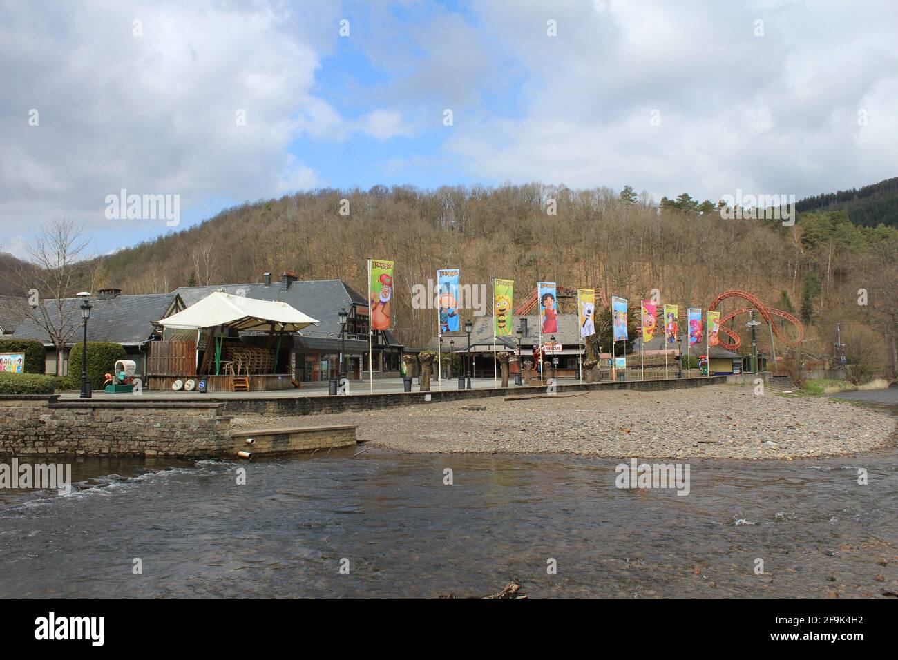 STAVELOT, BELGIUM, 13 APRIL 2021: View of the amusement park 'Plopsa Coo' in the village of Coo near Stavelot. Since 2005 the park is owned by the Plo Stock Photo