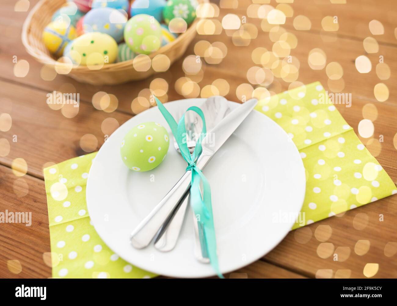 close up of table setting and easter eggs Stock Photo