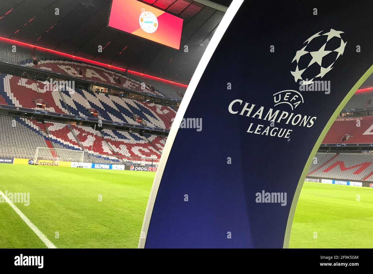 Uefa decides to reform the Champions League. Theme photo, symbol photo; Empty stadium, corner flag with club crest, club emblem. Ghost game, game cancellation. DFL REGULATIONS PROHIBIT ANY USE OF PHOTOGRAPHS AS IMAGE SEQUENCES AND/OR QUASI-VIDEO. Â | usage worldwide Stock Photo