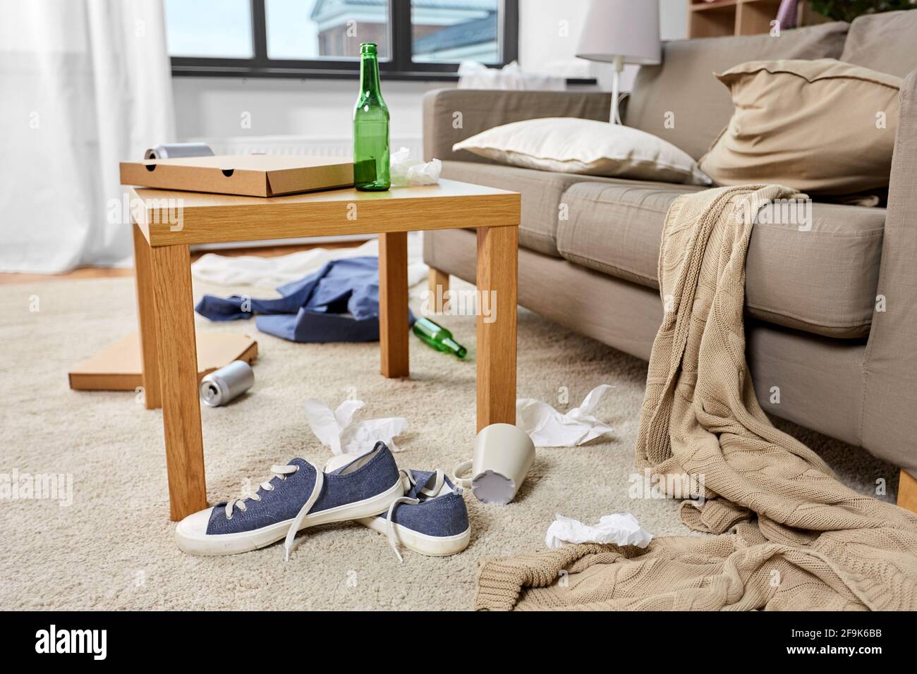 messy home living room with scattered stuff Stock Photo