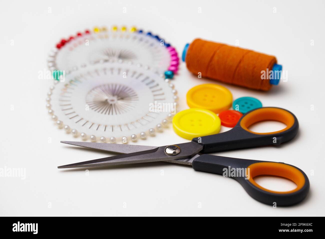 Various sewing accessories isolated on white background Stock Photo