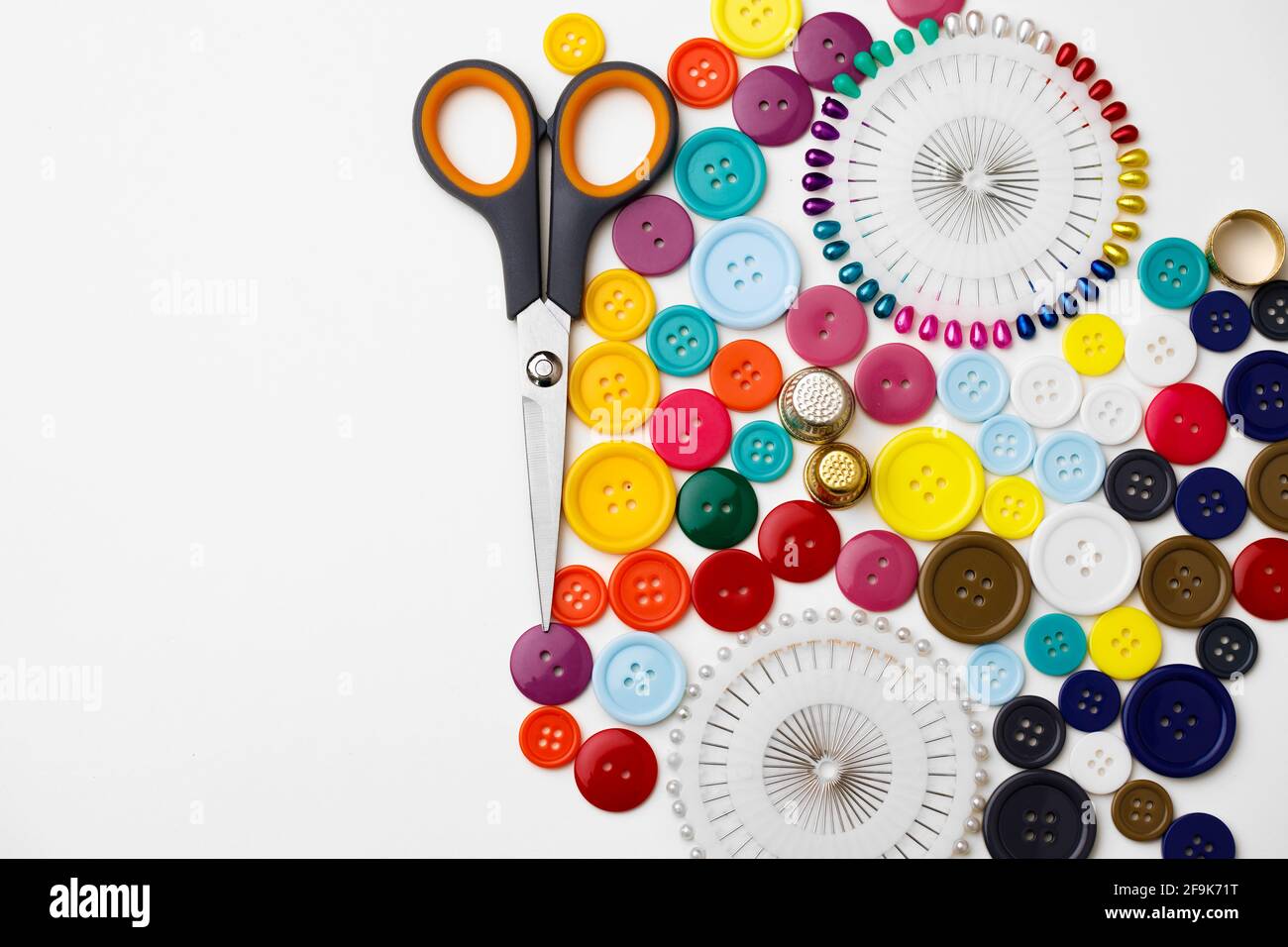 Various sewing accessories isolated on white background Stock Photo