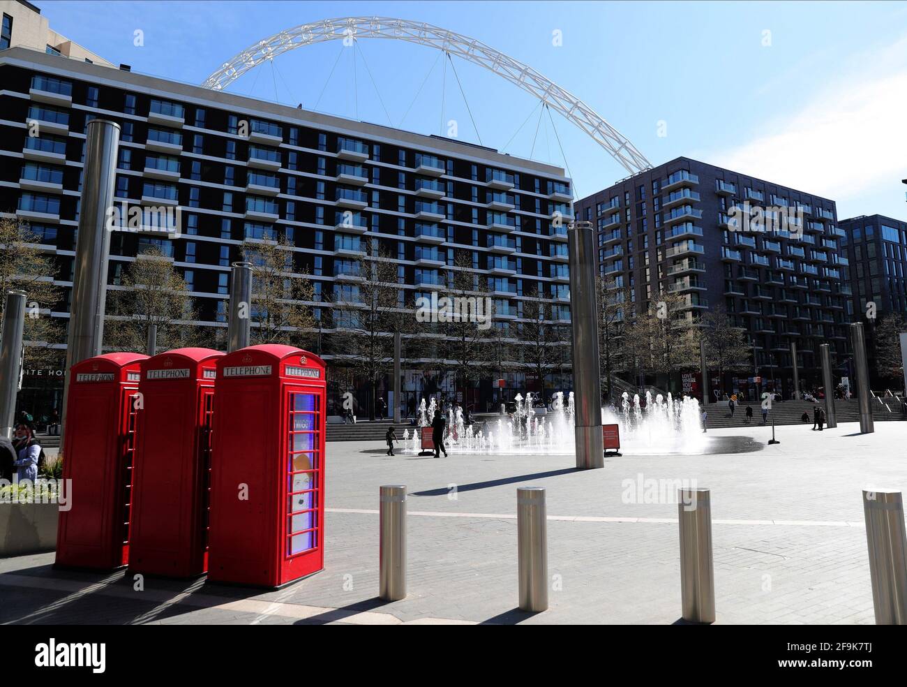 TELEPHONE BOXES, ARENA SQUARE, WEMBLEY STADIUM ARCH, FOUNTAIN, CHELSEA