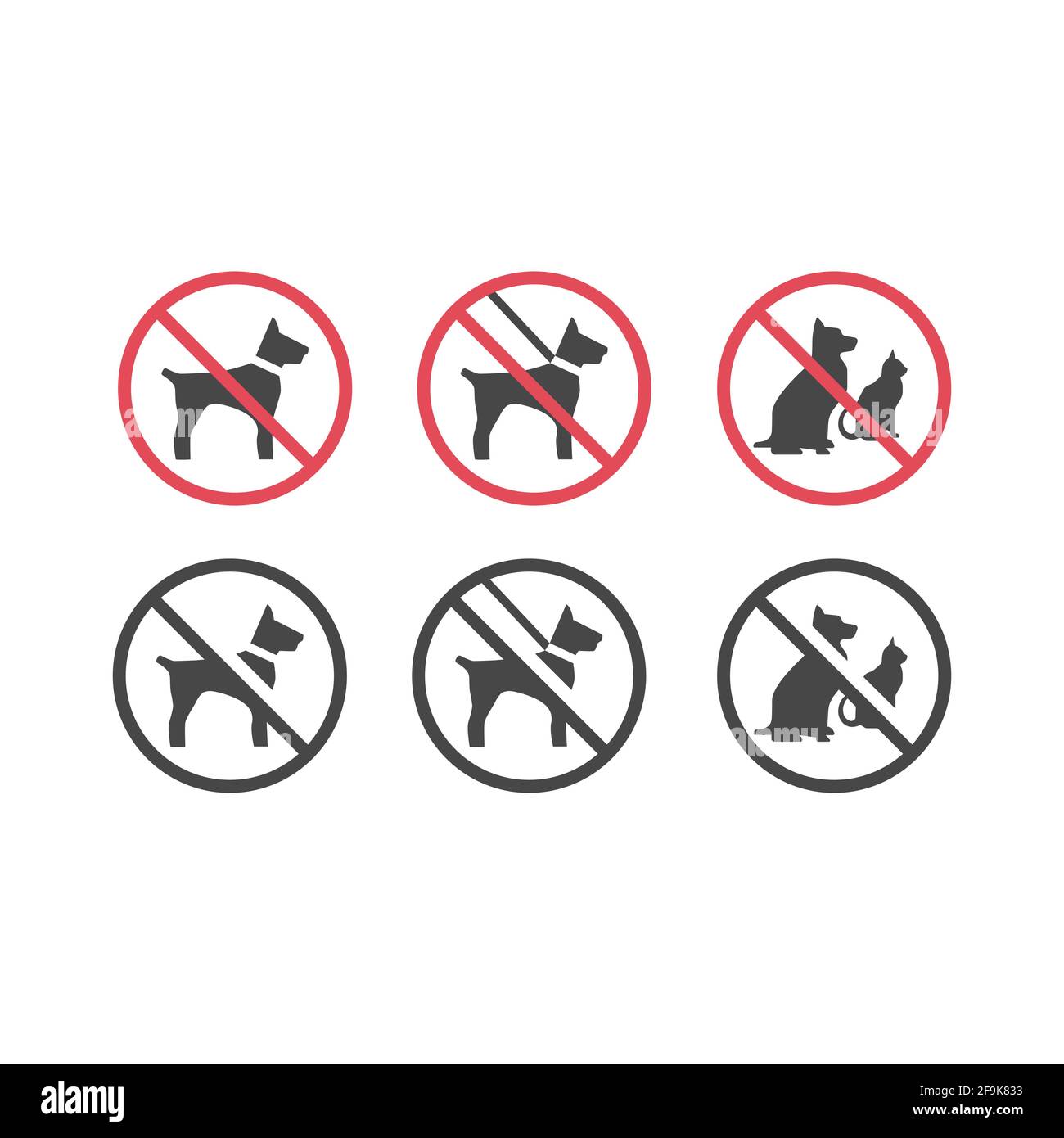 No pets red prohibition vector sign. Dogs on a leash and pets not allowed icon. Stock Vector