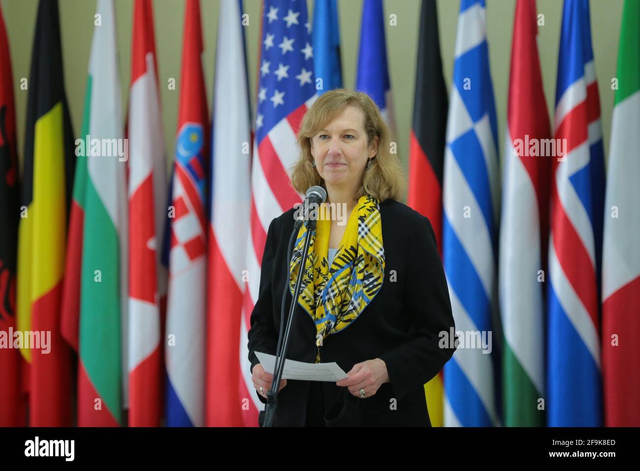 LVIV REGION, UKRAINE - APRIL 16, 2021 - US Charge d’Affaires a.i. in Ukraine Kristina A. Kvien attends a briefing during the official rotation ceremon Stock Photo