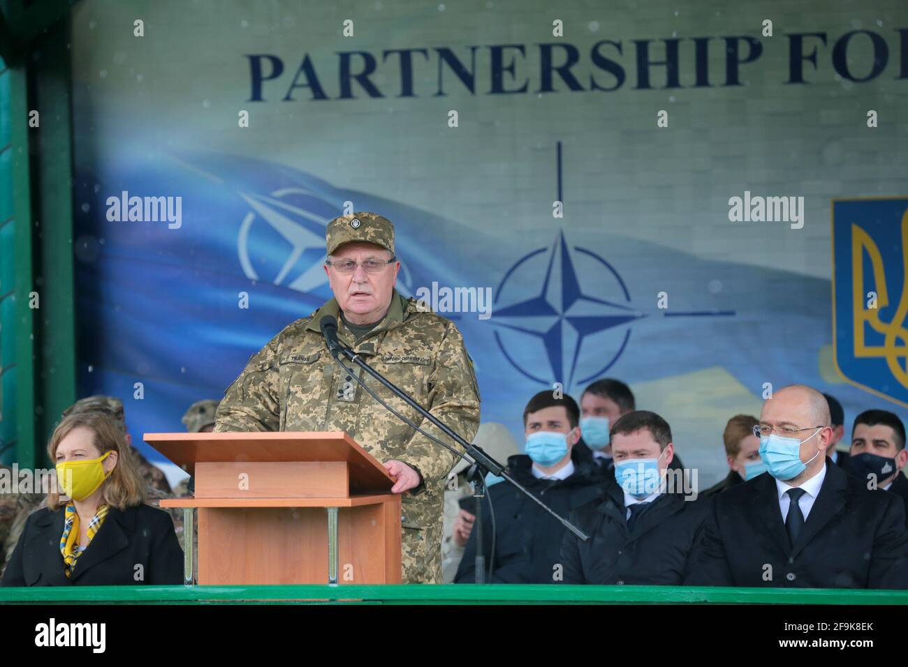 LVIV REGION, UKRAINE - APRIL 16, 2021 - Head of the Hetman Petro Sahaydachnyi National Army Academy Pavlo Tkachuk delivers a speech during the officia Stock Photo