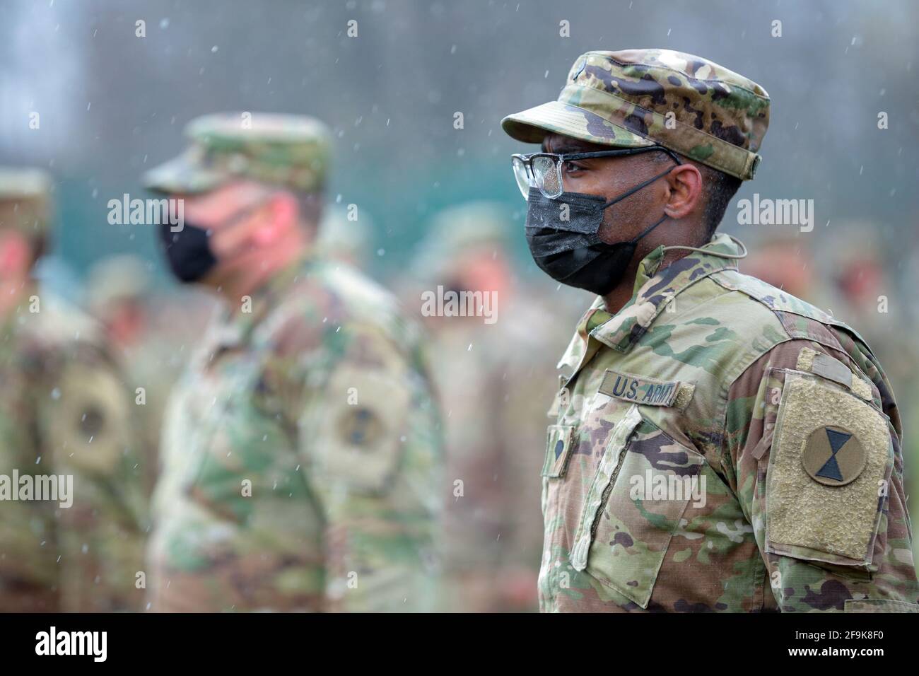 LVIV REGION, UKRAINE - APRIL 16, 2021 - A US Army officer stands to attention during the official rotation ceremony of the Joint Multinational Trainin Stock Photo