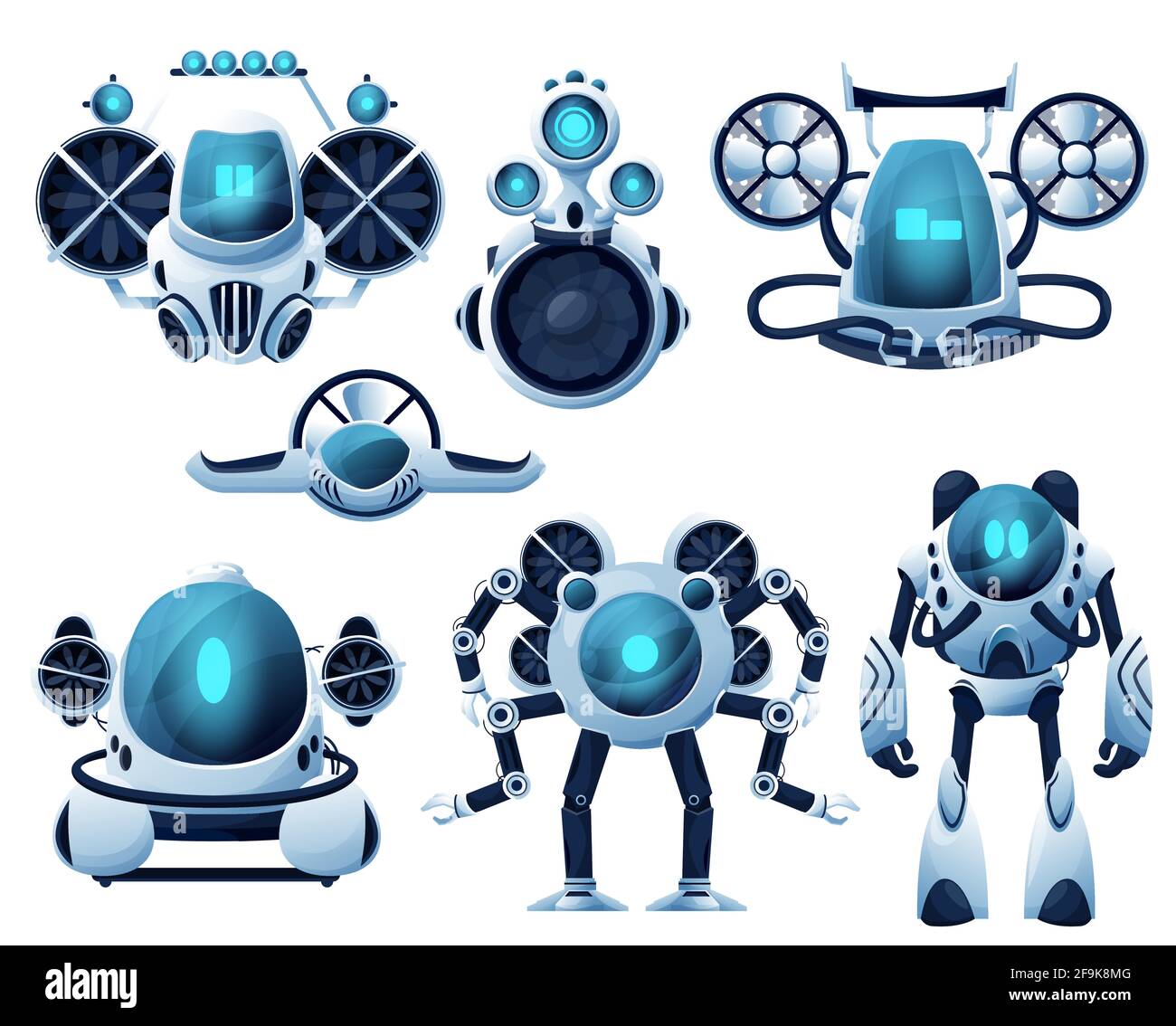 Underwater robot and ROV cartoon characters. Vector robot bathyscaphe and submarine, autonomous and unmanned underwater vehicles with manipulator arms Stock Vector