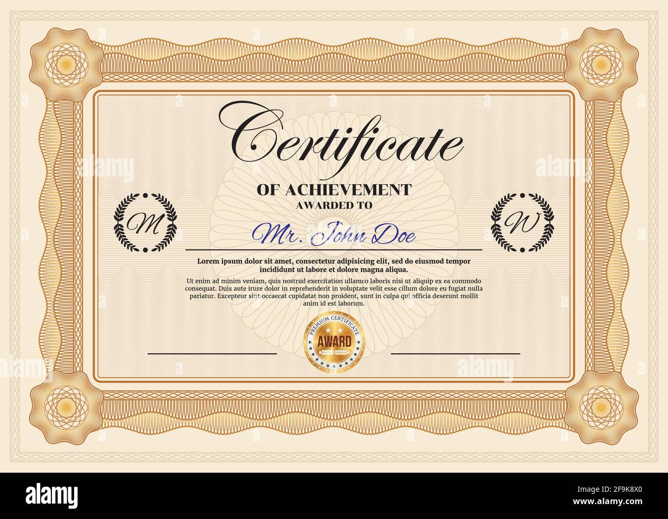 Certificate of achievement vector template, vintage border ornate design. Official award frame, paper document for winner appreciation or graduation w Stock Vector