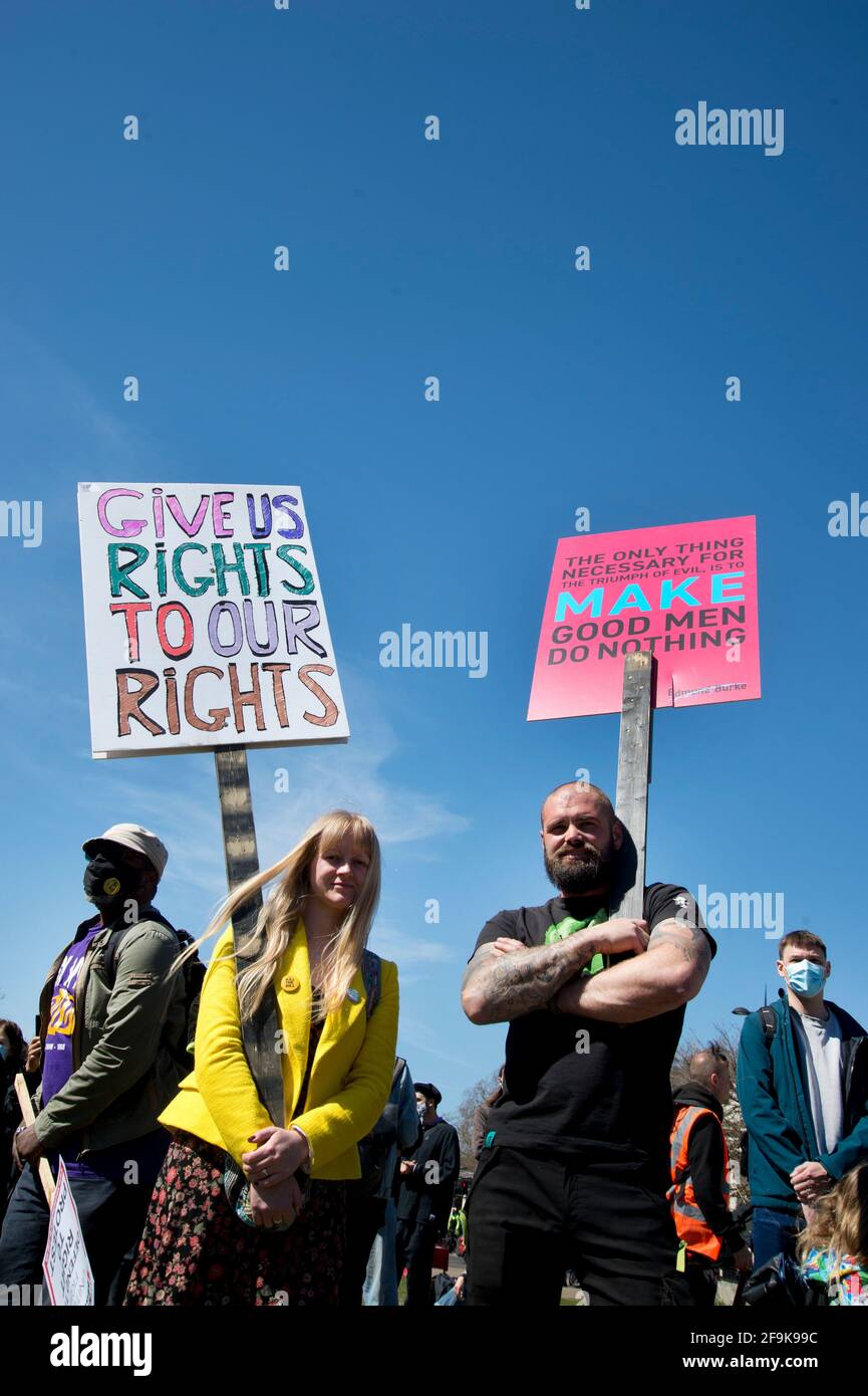 17.04.2021. Kill the Bill protest. Wellington Arch. protesters with placards. Stock Photo