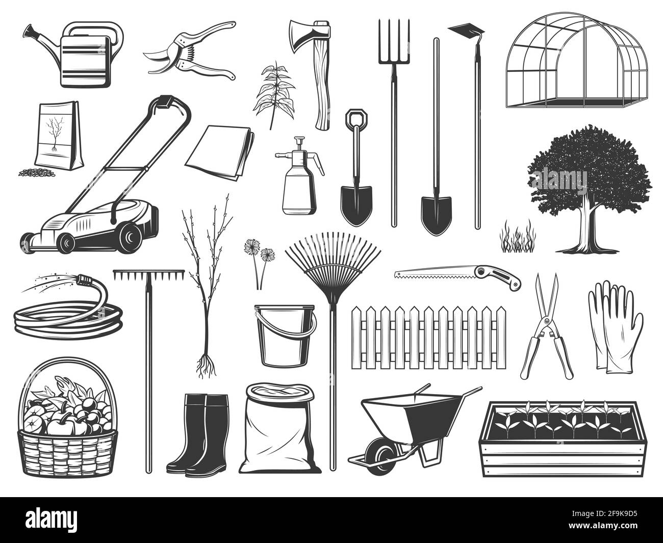 Gardening tools , farming instruments and equipment isolated vector icons. Farmer and gardener shovel, ax, wheelbarrow and saw, boots and gloves. Frui Stock Vector