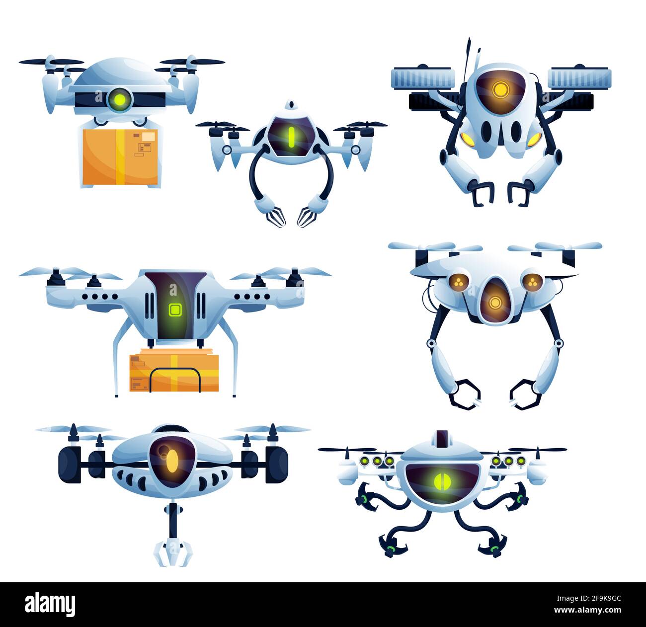 Flying robot, droid drone and copter cartoon characters. Vector aircraft. Unmanned aerial vehicle robots and helicopters with cameras and propellers, Stock Vector