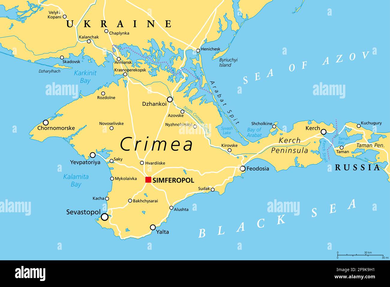 Crimea political map. Peninsula in Eastern Europe on the northern coast of the Black Sea, with disputed status. Controlled and governed by Russia. Stock Photo