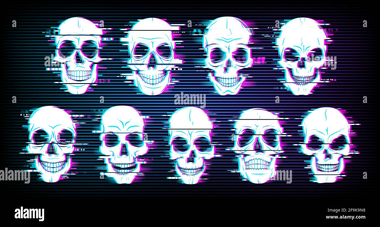 Glitch skulls vector distorted neon glowing pixelized craniums or jolly roger. Trippy digital art, horror, dead heads on black background. Television Stock Vector