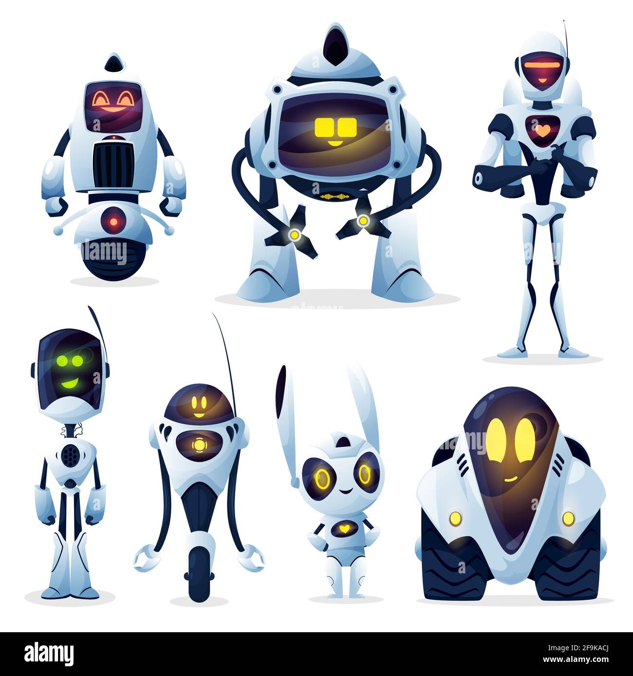 Robots and android bots, cartoon toy characters, vector AI cyborgs. Robot cyborg machines with digital artificial intelligence and mechanical arms, co Stock Vector
