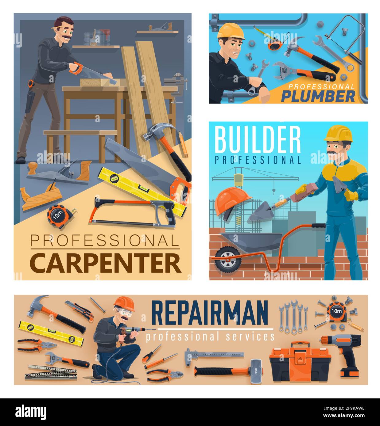 House repair and constructions workers, tools. Vector. Carpenter cutting wood in workshop, plumber with wrench and bricklayer laying brick wall with t Stock Vector