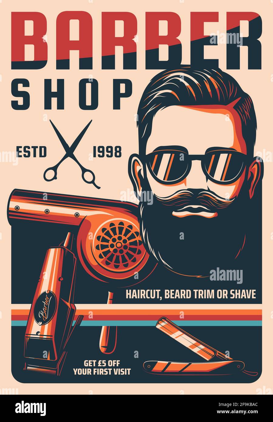 Barbershop, man hairdresser saloon vintage vector poster. Man haircut,  beard trim or shave retro banner. Bearded hipster with handlebar mustaches,  sci Stock Vector Image & Art - Alamy