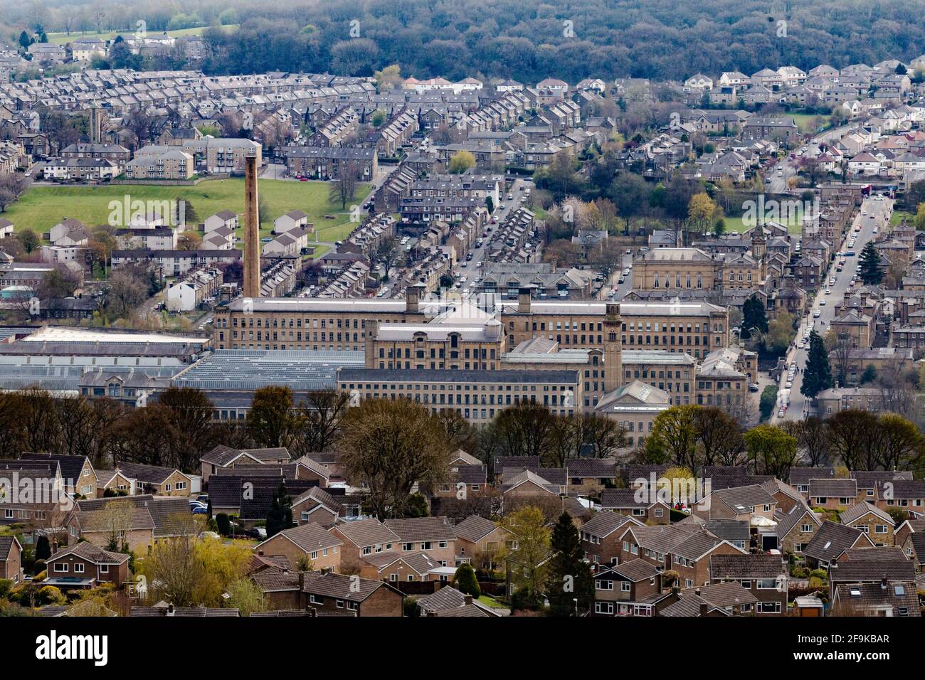 Salts Mill in Saltaire, Yorkshire, seen from Baildon Moor above. Stock Photo