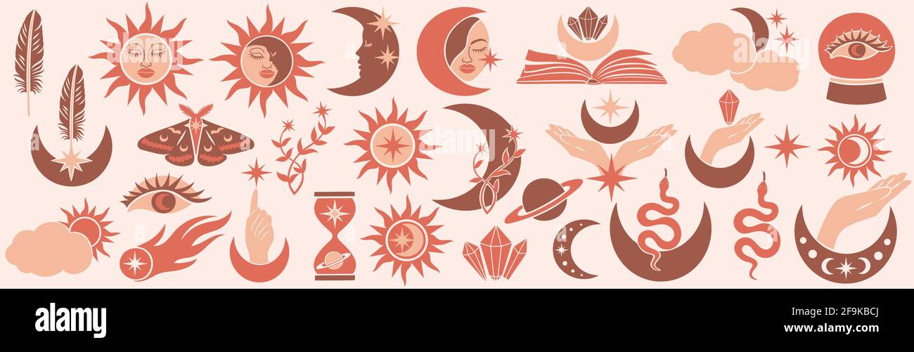 Beautiful set of mystic details in a flat style. Stock Vector