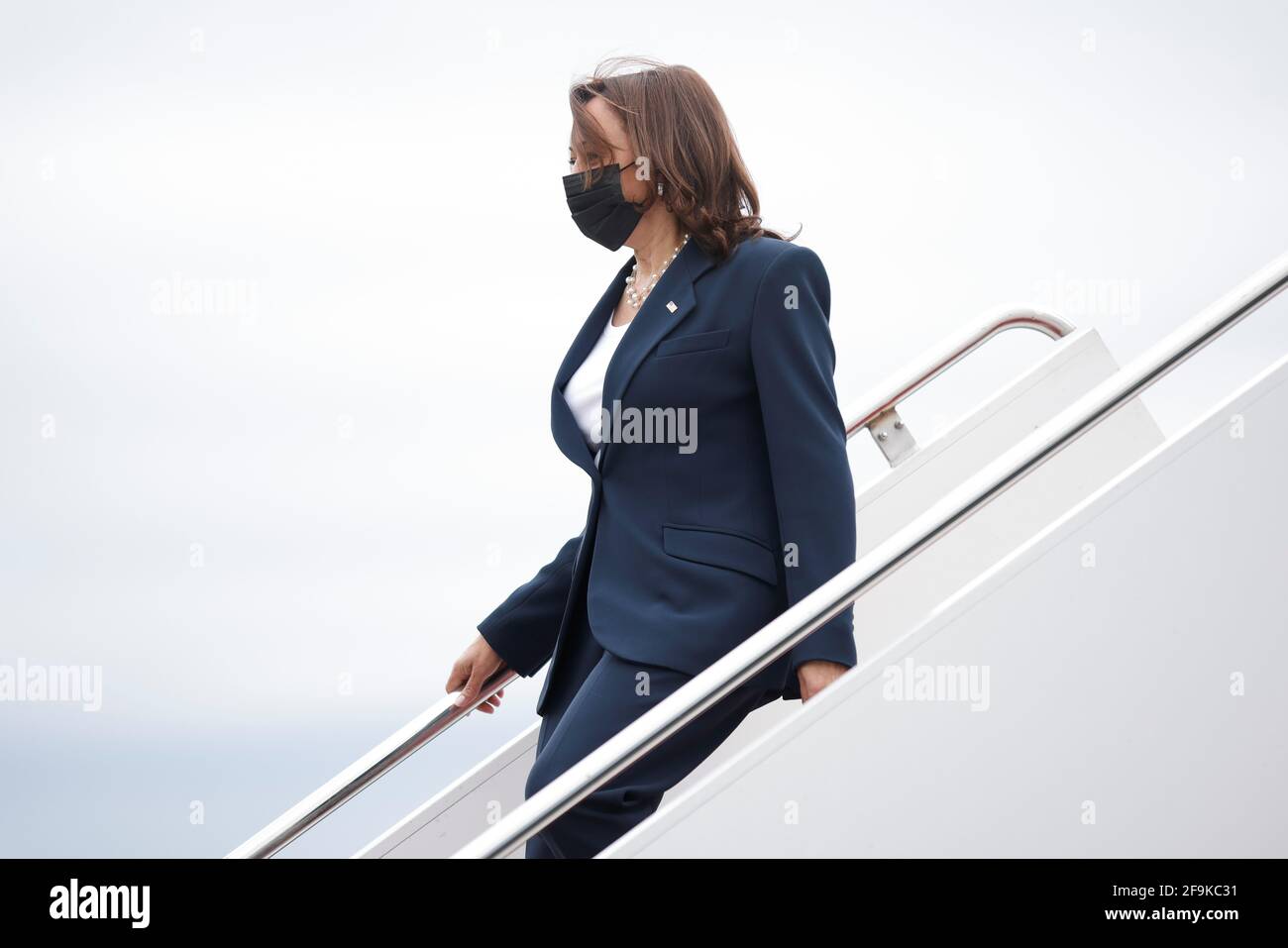 U.S. Vice President Kamala Harris descends from Air Force Two at Piedmont Triad International Airport in Greensboro, North Carolina, U.S. April 19, 2021. REUTERS/Tom Brenner Stock Photo
