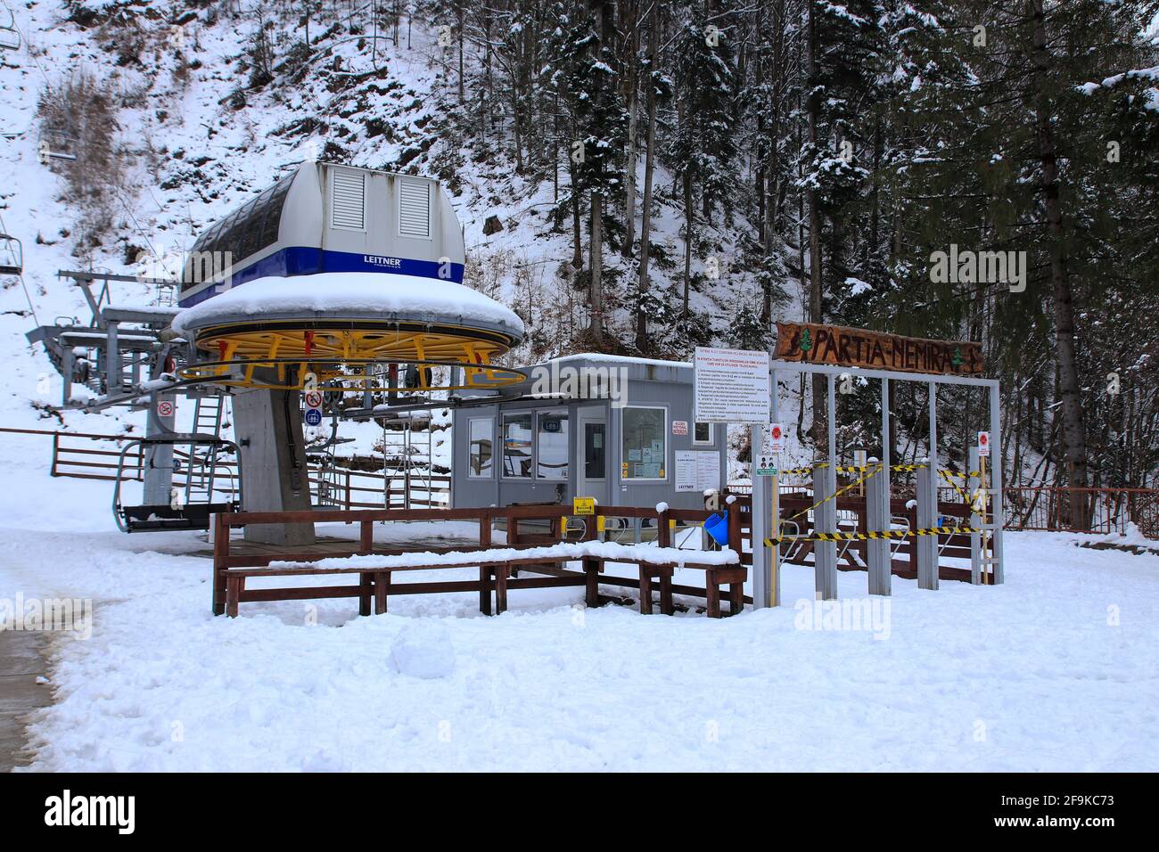 Slanic Moldova, Bacau, Romania - March 20, 2021: Ski slope Nemira closed during the COVID-19 pandemic Stock Photo