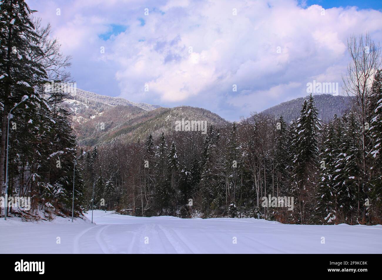 Beautiful sunny morning over empty ski slope in Slanic Moldova, Romania Stock Photo